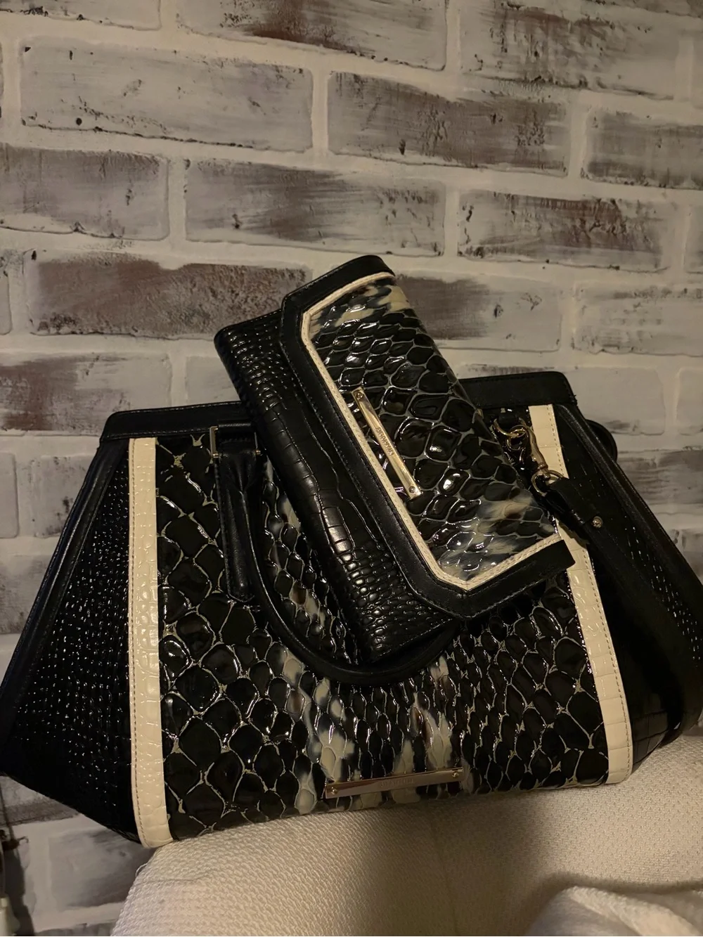 Brahmin Arden Satchel and matching wallet Black and Ivory Carlisle